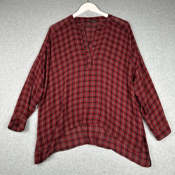 Zara Tops - Zara‎ Blouse Womens S Plaid Long Sleeve V Neck Semi Sheer Oversized High Low